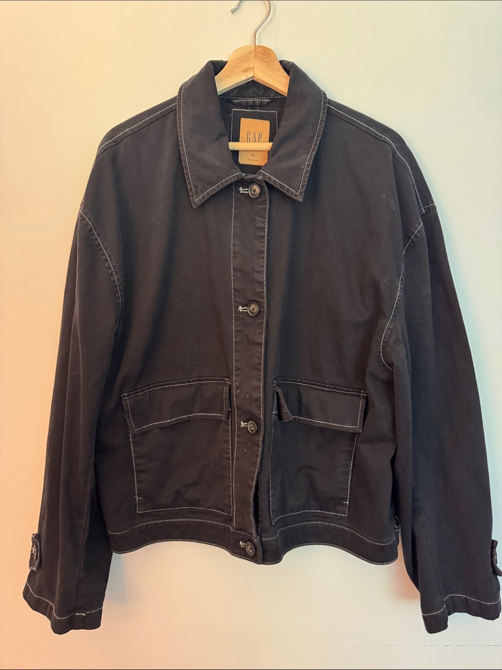 GAP Black Button-Front Utility Jacket with Contrast Stitching